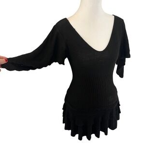 Womens Black V Neck Ribbed‎ Knit Ruffle Hem 3/4 Sleeve Sweater Top